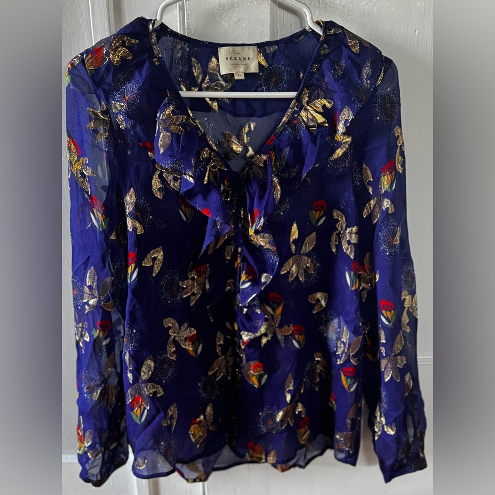 Sezane Floral Ruffle Blouse - Blue and Gold